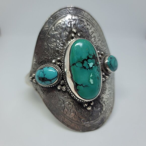 Heavy Turquoise &amp; Etched Sterling Cuff